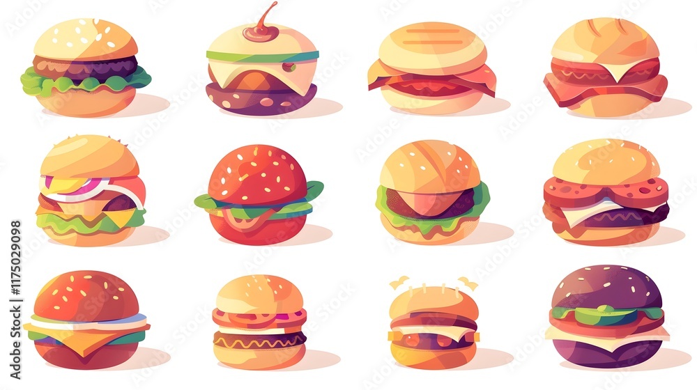 Mouthwatering Assortment of Delectable Hamburgers and Cheeseburgers Representing Popular Fast Food and Casual Dining Cuisine Mouthwatering Assortment of Delectable Hamburgers and Cheeseburgers Representing Popular Fast Food and Casual Dining Cuisine
