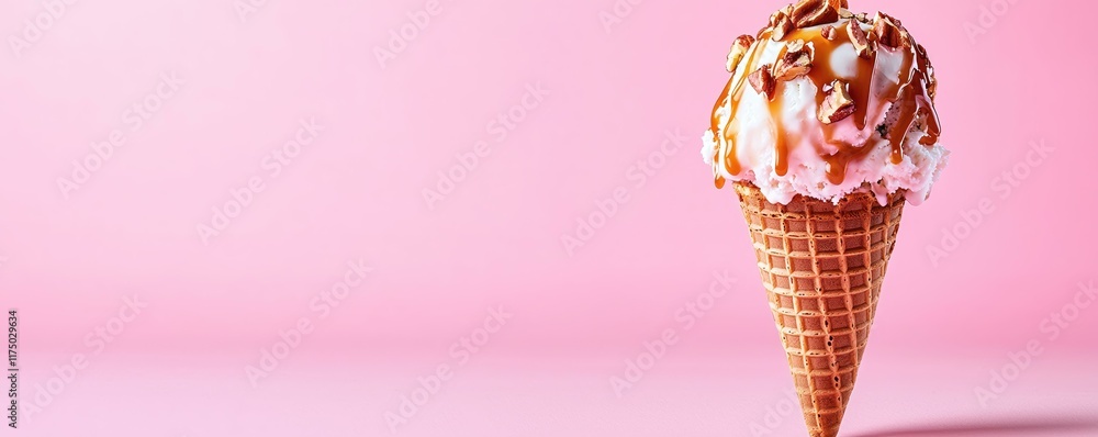 Obraz premium Delicious Ice Cream Cone with Caramel Drizzle and Nuts Against Soft Pink Background