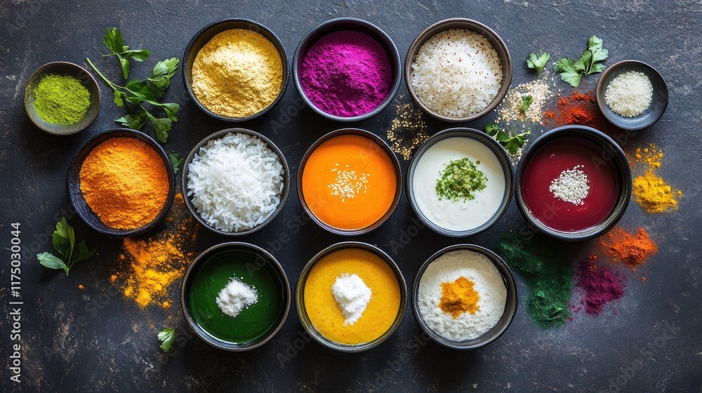 An artistic arrangement of white rice served in a bowl, surrounded by a variety of colorful sauces and ingredients, illustrating the versatility of rice in cuisine An artistic arrangement of white rice served in a bowl, surrounded by a variety of colorful sauces and ingredients, illustrating the versatility of rice in cuisine