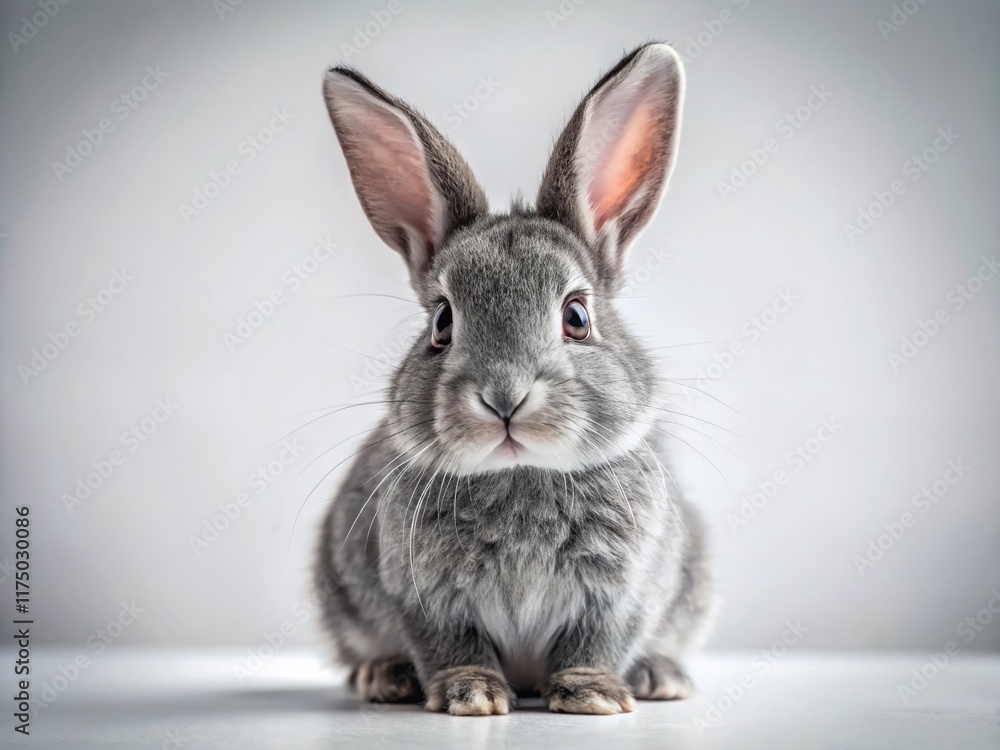 Obraz premium Gray Rabbit PNG, White Background, Night Photography, Cute Bunny, Stock Photo