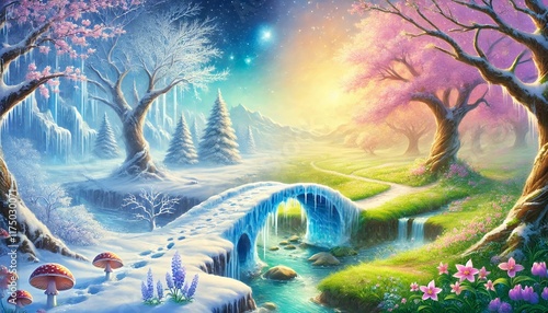A serene horizontal fantasy painting depicting the gentle transition from winter's icy stillness to spring's vibrant bloom, showcasing a magical bridge uniting two contrasting worlds
