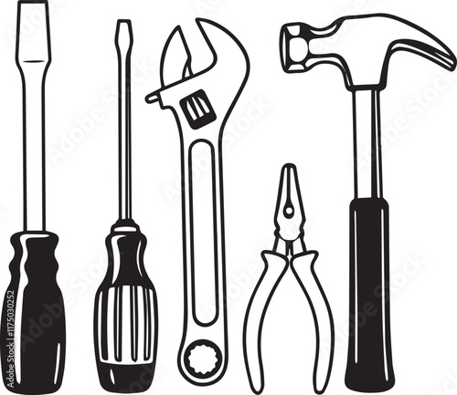 Black and white line art Silhouette  working tools vector doodle art in white background