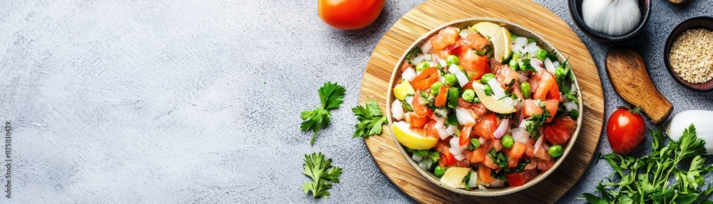 Fresh Colorful Salad with Tomatoes, Onions, and Lemon on a Wooden Cutting Board Fresh Colorful Salad with Tomatoes, Onions, and Lemon on a Wooden Cutting Board