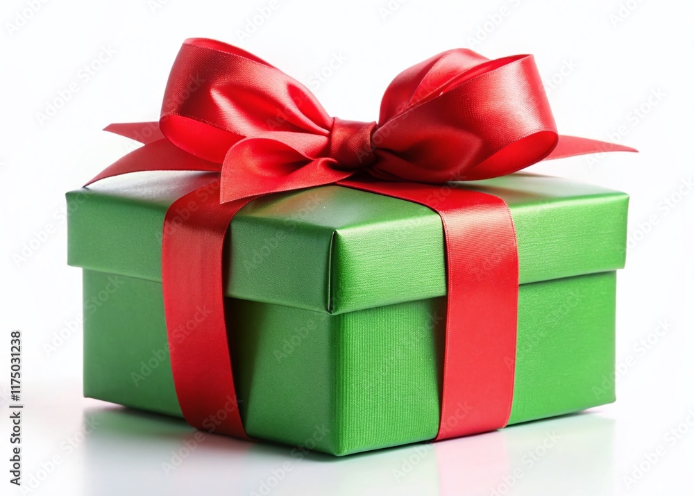 Green Gift Box with Red Ribbon Bow on White Background - Perfect for Holiday or Birthday Presents Green Gift Box with Red Ribbon Bow on White Background - Perfect for Holiday or Birthday Presents