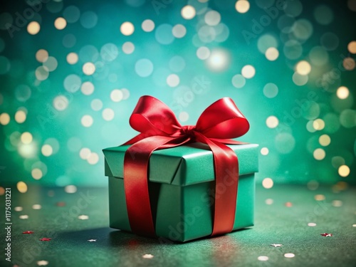 Green Gift Box with Red Ribbon Bow on Teal Background - Bokeh Effect Stock Photo