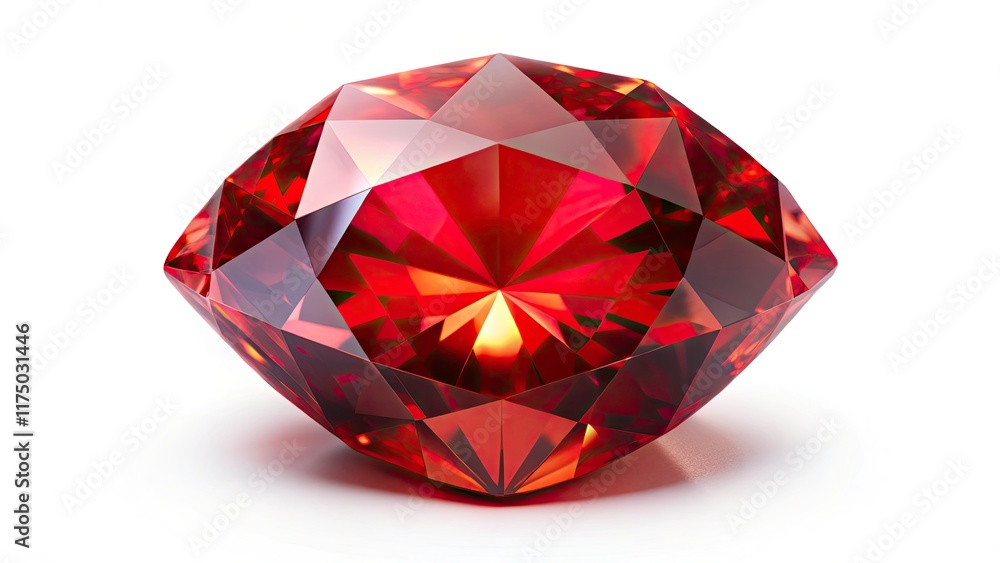 Deep red gemstone, brilliant cut, showcased in a high-resolution aerial image against a stark white backdrop. Deep red gemstone, brilliant cut, showcased in a high-resolution aerial image against a stark white backdrop.