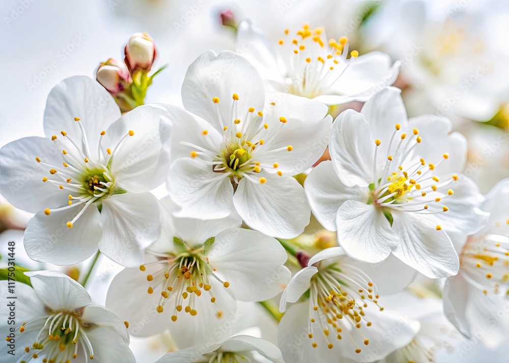 Delicate white cherry blossoms in full bloom, showcased in a high-depth-of-field macro nature photograph. Delicate white cherry blossoms in full bloom, showcased in a high-depth-of-field macro nature photograph.