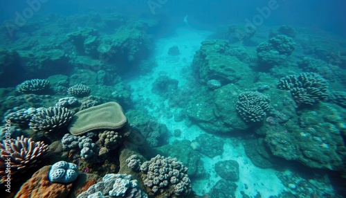 Underwater coral reef, sunlight, tropical sea. Possible stock photo use Tourism photo