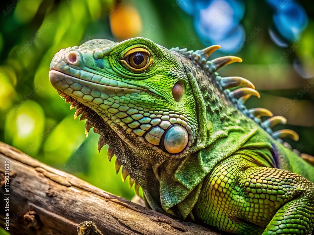 Green Iguana Perched on Tree Branch - Exotic Reptile Portrait Photography Green Iguana Perched on Tree Branch - Exotic Reptile Portrait Photography