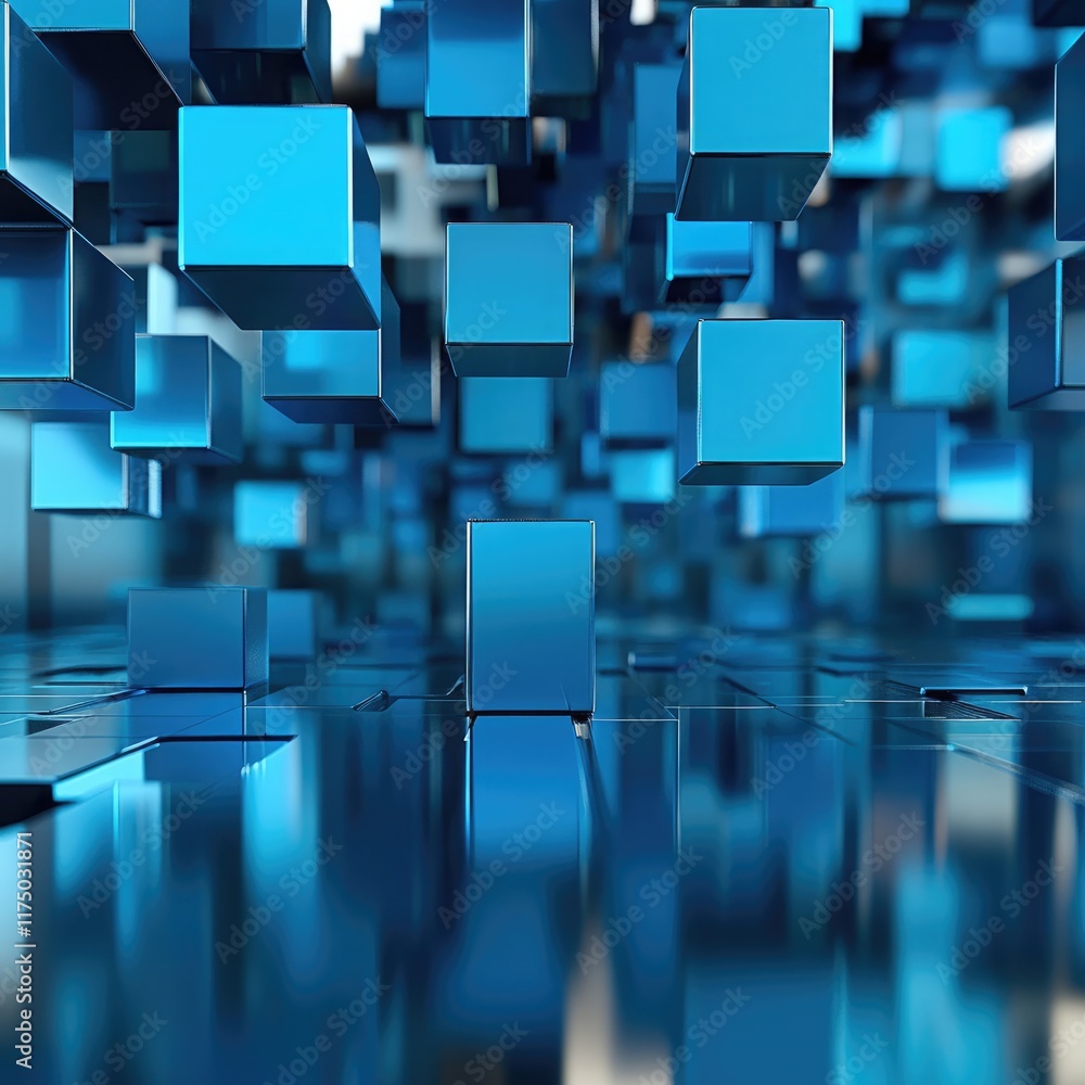 Futuristic Floating Blue Cubes with Unique Textures and Reflections Futuristic Floating Blue Cubes with Unique Textures and Reflections