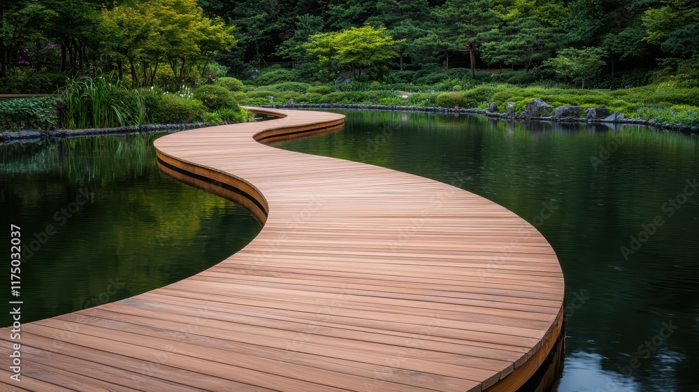 Fototapeta premium Serpentine Wooden Walkway Over Pond in Lush Green Garden Landscape