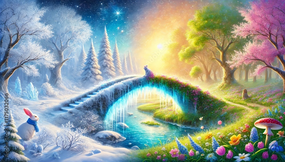 Obraz premium A serene and enchanting painting of a bridge connecting a frozen winter landscape with a blooming spring meadow, illustrating the magical transition of seasons in a pastel color palette