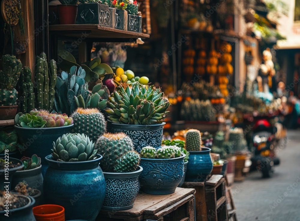 Fototapeta premium Cacti in pots of different sizes and types on display at the flower market. Cacti for sale. Background with various cactus plants, succulents, and other desert vegetation. 