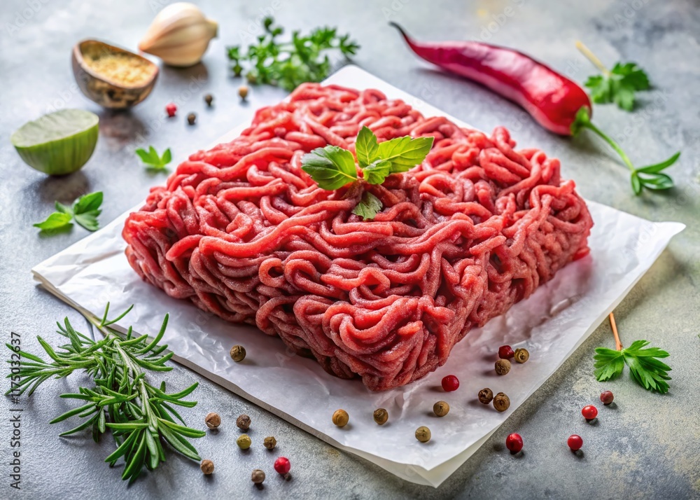 Panoramic View of Ground Meat on Parchment Paper - Raw Minced Beef Ready for Cooking Panoramic View of Ground Meat on Parchment Paper - Raw Minced Beef Ready for Cooking