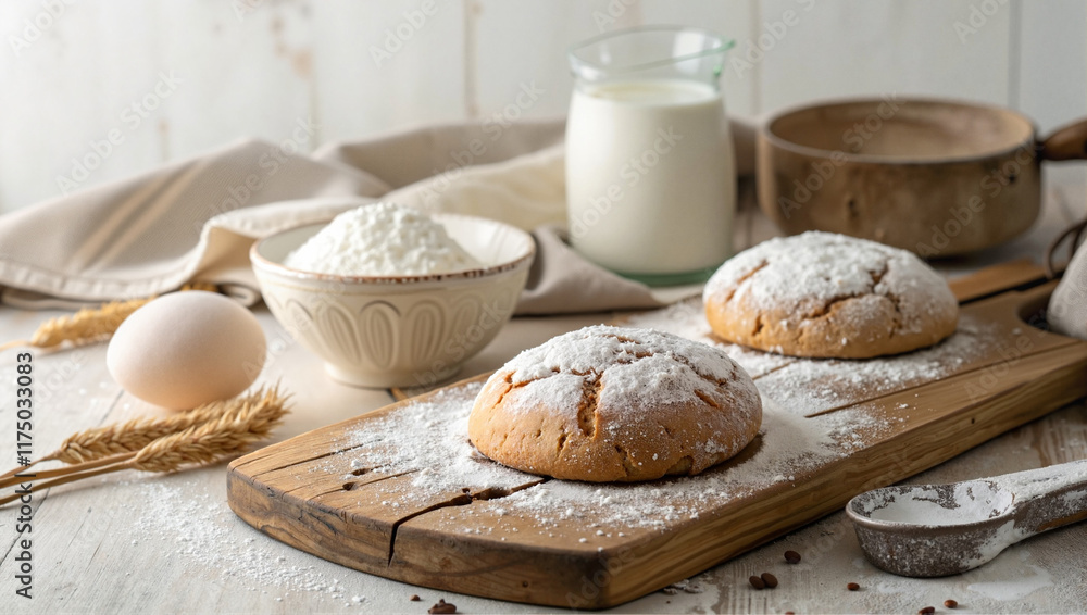 Naklejka premium Freshly baked bread rolls with flour and eggs