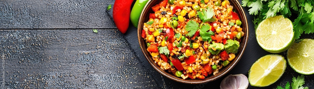 Fresh and Colorful Vegetable Salad with Herbs, Lime, and Spices in a Rustic Bowl on Wooden Table Fresh and Colorful Vegetable Salad with Herbs, Lime, and Spices in a Rustic Bowl on Wooden Table