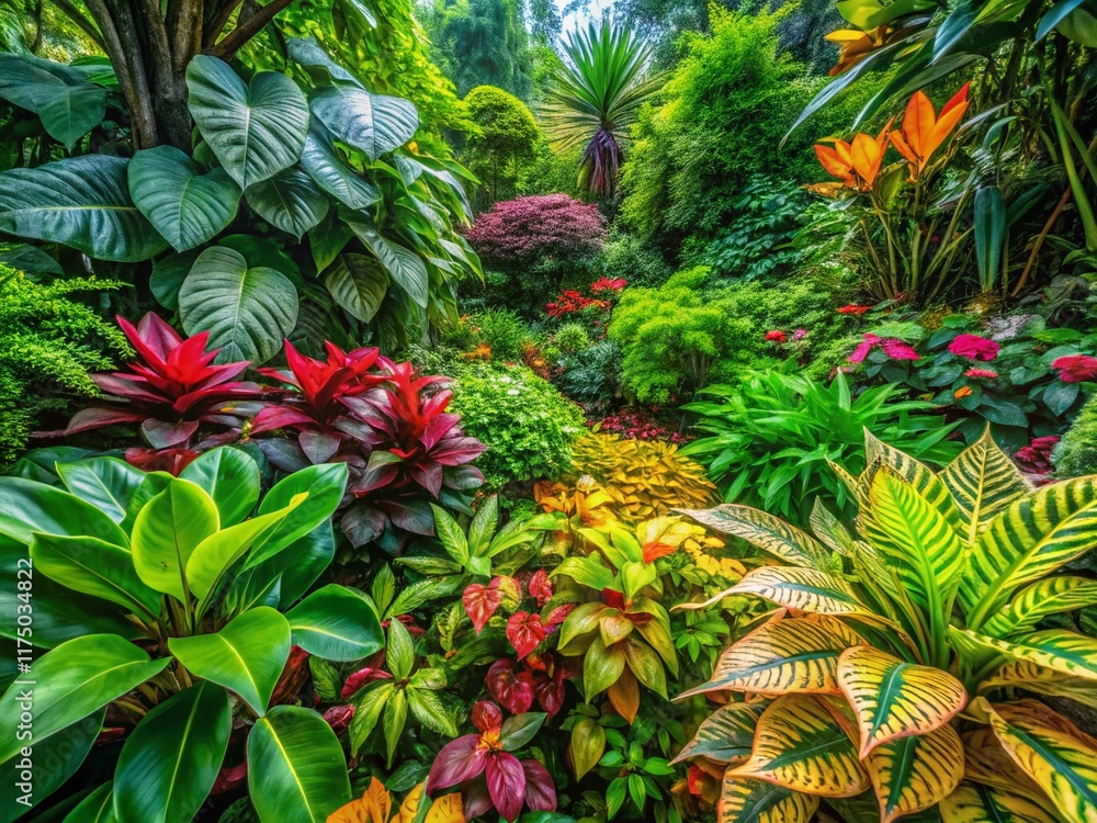 Obraz premium Panoramic View of Lush Green Plants, Abundant Foliage, Vibrant Nature, Detailed Texture, Asian Botanical Garden