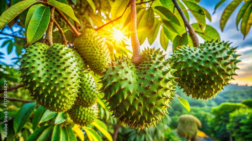 Panoramic View of Lush Guanabana Fruit Tree with Ripe Fruit Panoramic View of Lush Guanabana Fruit Tree with Ripe Fruit