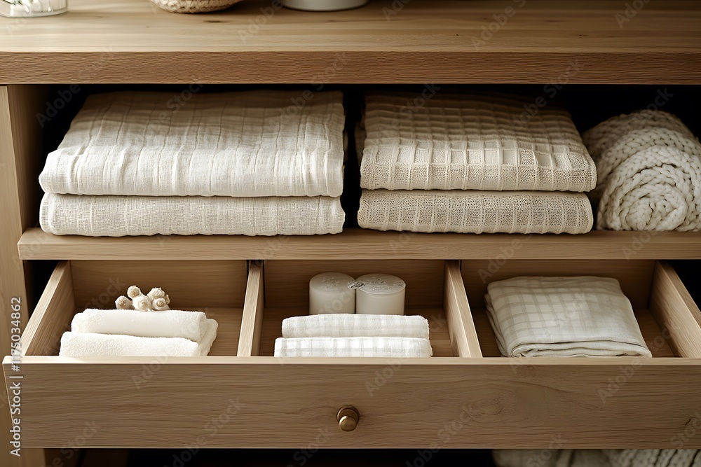 Neatly organized beige towels and linens in wooden shelves and drawers. Neatly organized beige towels and linens in wooden shelves and drawers.