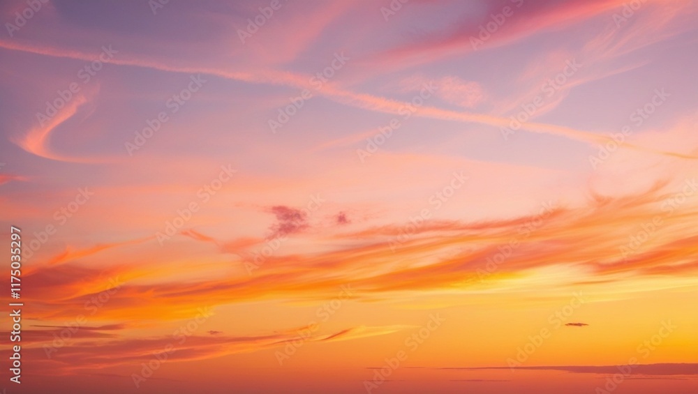 Fototapeta premium The beauty of luxurious soft gradient clouds in shades of orange and gold, with sunlight glowing against the blue sky, creates a perfect evening twilight backdrop.