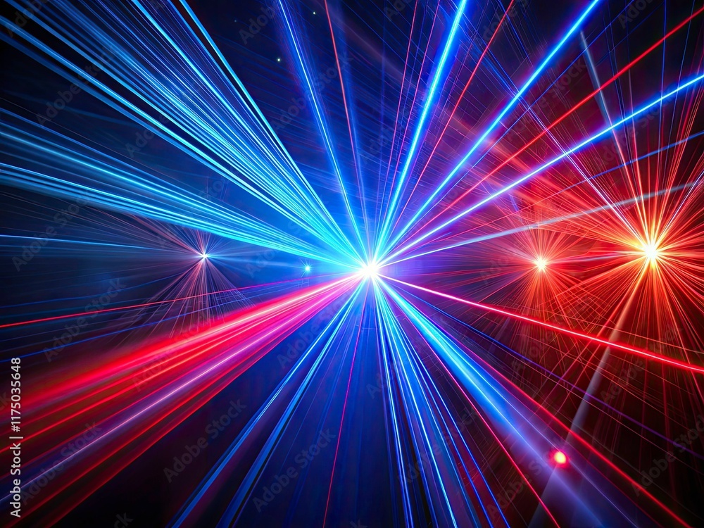 Dynamic red and blue laser show backdrop; futuristic night sky web design. Dynamic red and blue laser show backdrop; futuristic night sky web design.