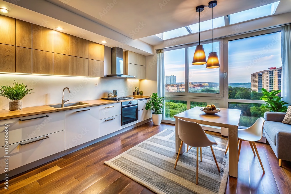 Panoramic View of Modern Studio Flat Kitchen Interior Design Panoramic View of Modern Studio Flat Kitchen Interior Design