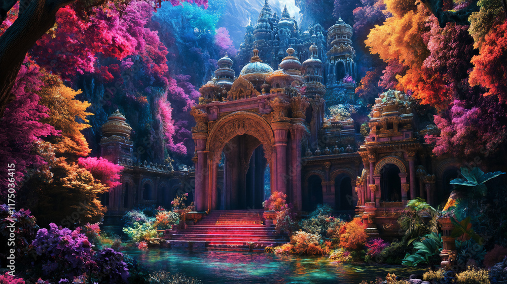 Fototapeta premium Ornate scene with vibrant colors in a fantasy setting 