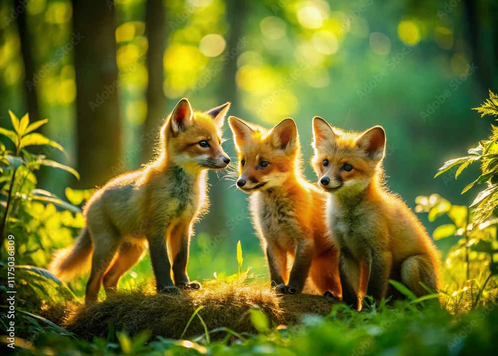 Obraz premium Panoramic View of Playful Red Fox Kits in Lush Green Forest