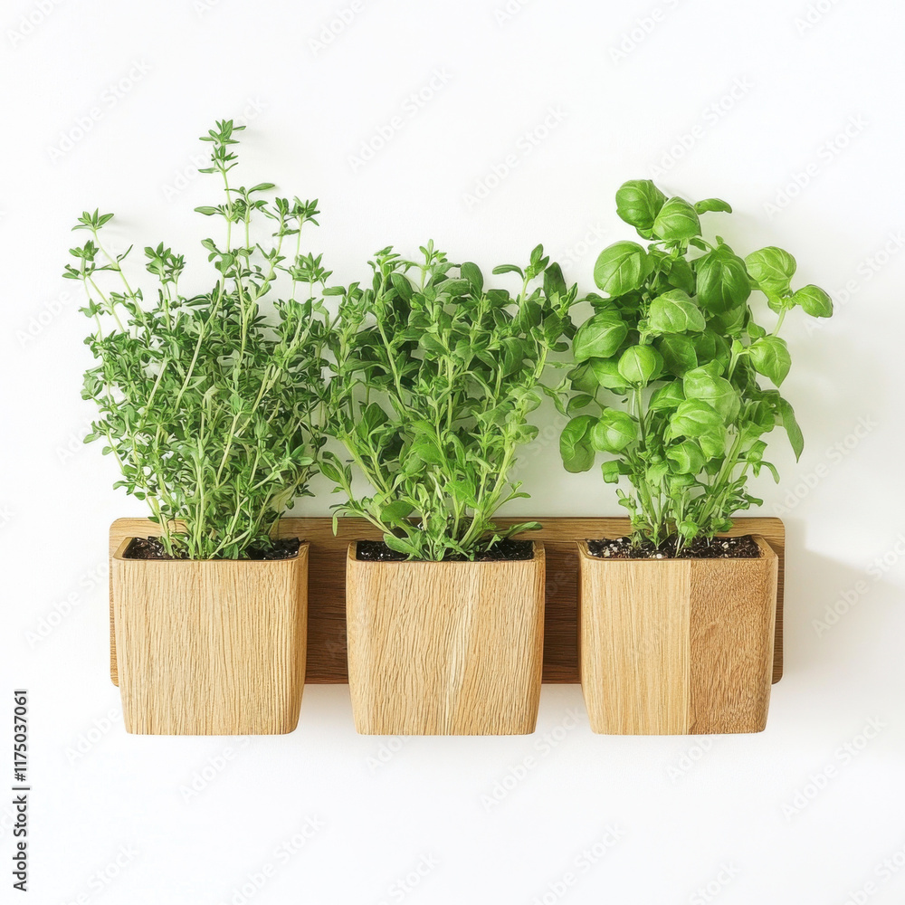 Fototapeta premium Wall mounted wooden herb garden with fresh thyme, oregano, and basil. Perfect for adding greenery to kitchens and enhancing culinary experiences