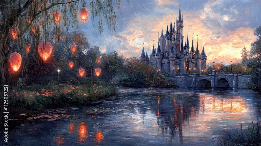 Obraz premium Magical castle by a tranquil river at sunrise with lanterns.