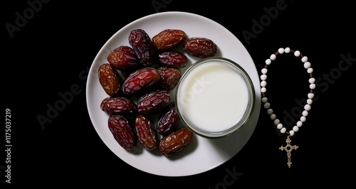 Cinematic top-down view of dates fruit in a white plate with milk and a rosary on a dark background for a Ramadan Kareem celebration banner, with copy space. photo