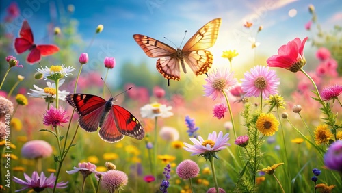 Panoramic View of Rosy Maple Moth and Other Pink Butterflies in a Wildflower Meadow photo