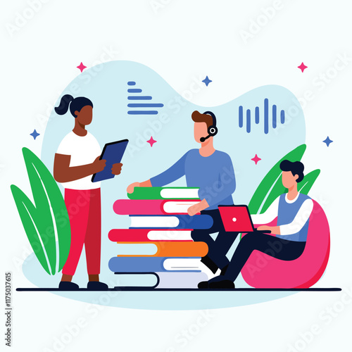 a diverse team collaborating in a modern office setting, utilizing technology and resources to achieve shared goals. It emphasizes the importance of teamwork, communication, and knowledge sharing