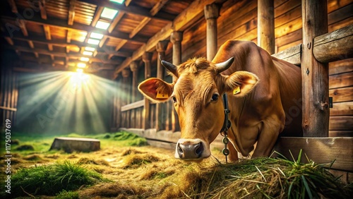 Happy Cow Grazing in Rustic Barn Stable - Peaceful Farm Animal Stock Photo