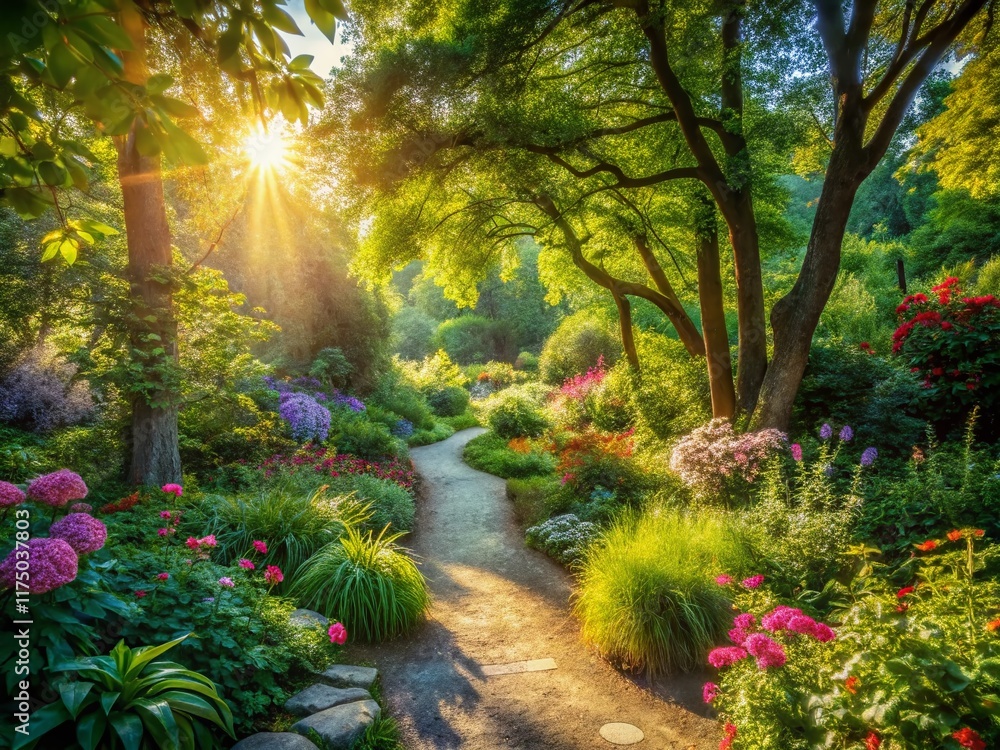 Panoramic View of Serene Garden Path, Lush Greenery, Winding Walkway, Nature Photography Panoramic View of Serene Garden Path, Lush Greenery, Winding Walkway, Nature Photography