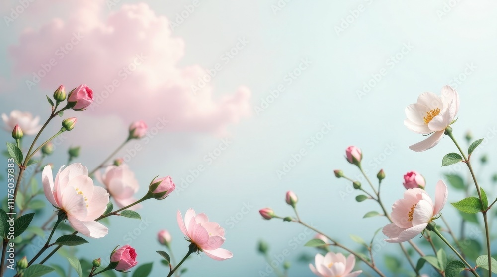 Delicate Pink Blossoms Flourishing Under a Soft, Pastel Sky, a Serene and Gentle Image of Springtime Beauty Delicate Pink Blossoms Flourishing Under a Soft, Pastel Sky, a Serene and Gentle Image of Springtime Beauty