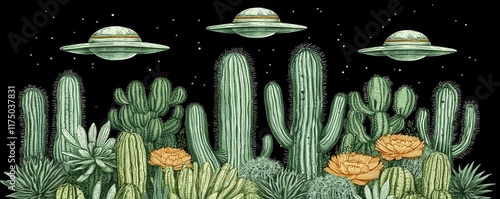 Desert Cactus Landscape with Flying Saucers at Night Artistic Illustration photo