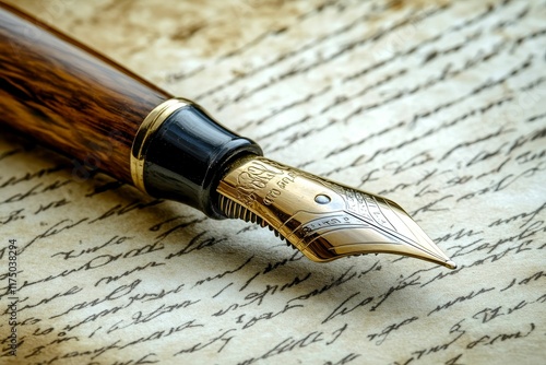 Elegant fountain pen rests on aged handwritten script. photo