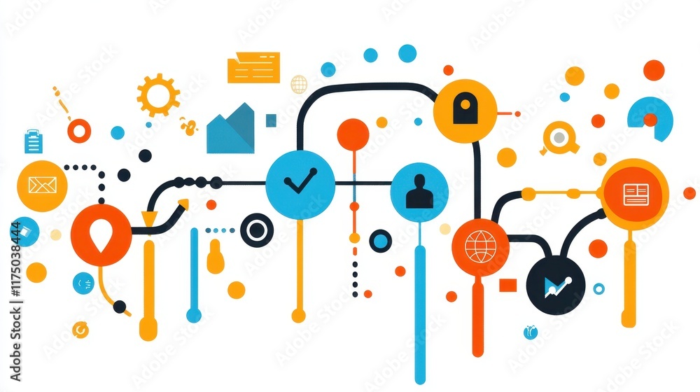 A vibrant graphic illustrating interconnected processes and data flow. Ideal for visualizing workflows project management or system integrations in presentations websites and reports. A vibrant graphic illustrating interconnected processes and data flow. Ideal for visualizing workflows project management or system integrations in presentations websites and reports.