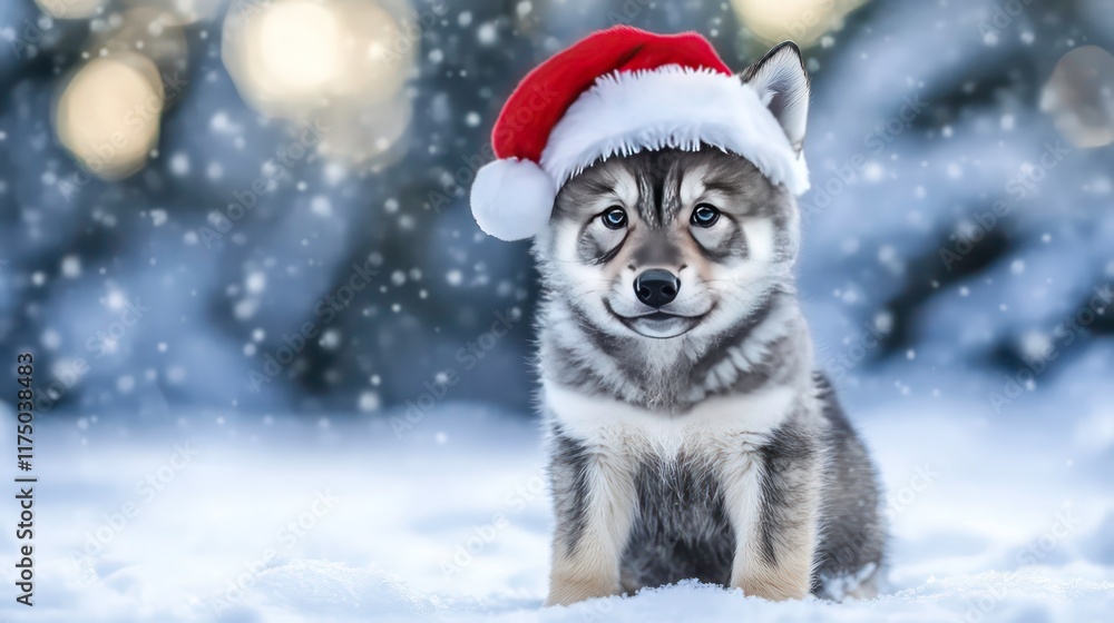 Wolf pup with gray fur wears a festive Santa hat while posing in a snowy winter landscape Wolf pup with gray fur wears a festive Santa hat while posing in a snowy winter landscape