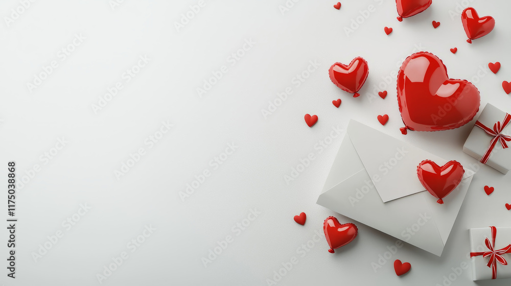 Fototapeta premium valentine’s Day gifts, love letters, and red heart balloons on a white background.