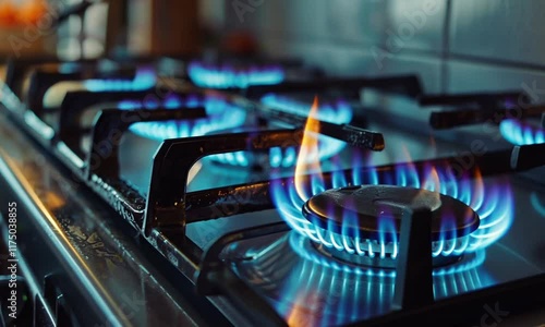  Blue gas flame on a kitchen stove, symbolizing rising gas prices. High quality FullHD footage photo