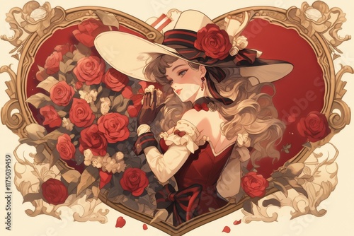 Elegant woman wearing a big hat posing with red roses for valentine's day