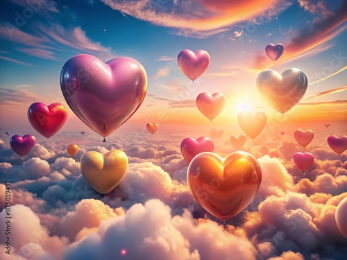 Happy Valentine's Day: 3D Glossy Hearts Flying in Clouds – Architectural Photography Design Template photo