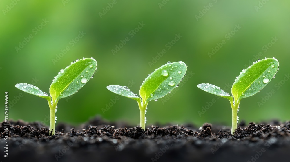 Naklejka premium A close-up of vibrant green seedling sprouts emerging from rich, dark soil, with tiny dew drops clinging to their delicate leaves