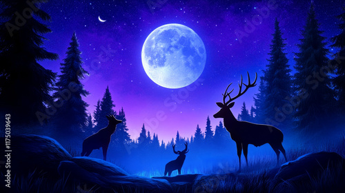 Moonlit Deer Gathering in the Night Woods - Serene nighttime scene, three deer silhouetted against a large full moon, symbolizing peace, nature, mystery, wildlife, and tranquility. photo