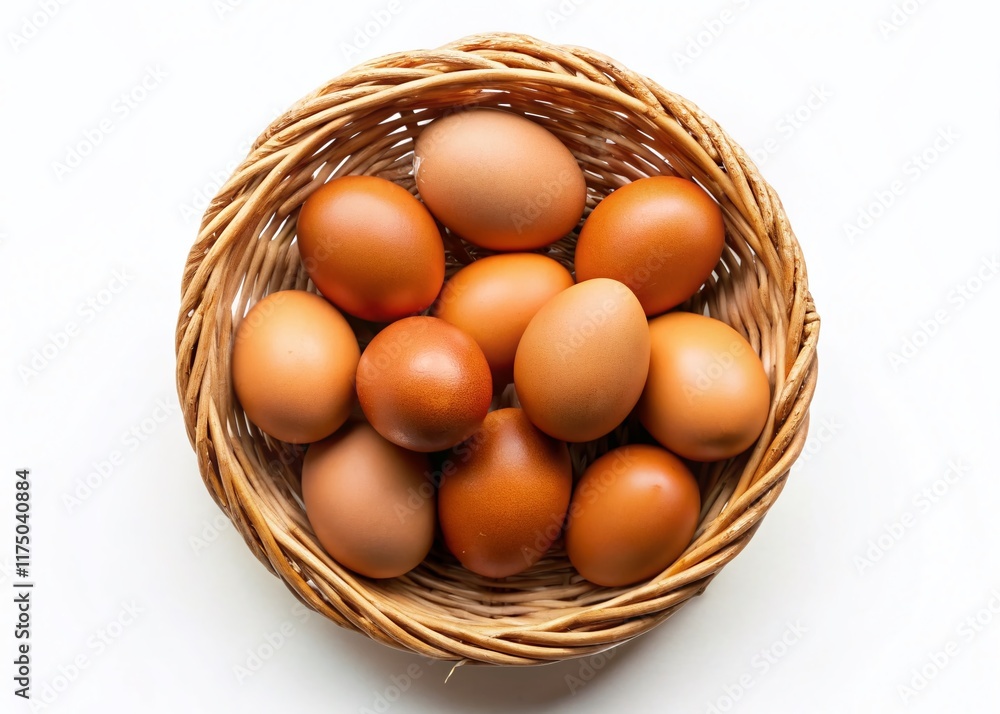 Healthy Food Gift: Fresh Eggs in Rattan Basket, Isolated on White Background - Drone Aerial View Healthy Food Gift: Fresh Eggs in Rattan Basket, Isolated on White Background - Drone Aerial View
