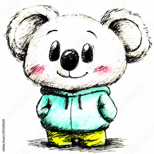 Cute koala character wearing hoodie and shorts, smiling joyfully. This hand drawn illustration captures playful and friendly vibe, perfect for children art or educational materials photo