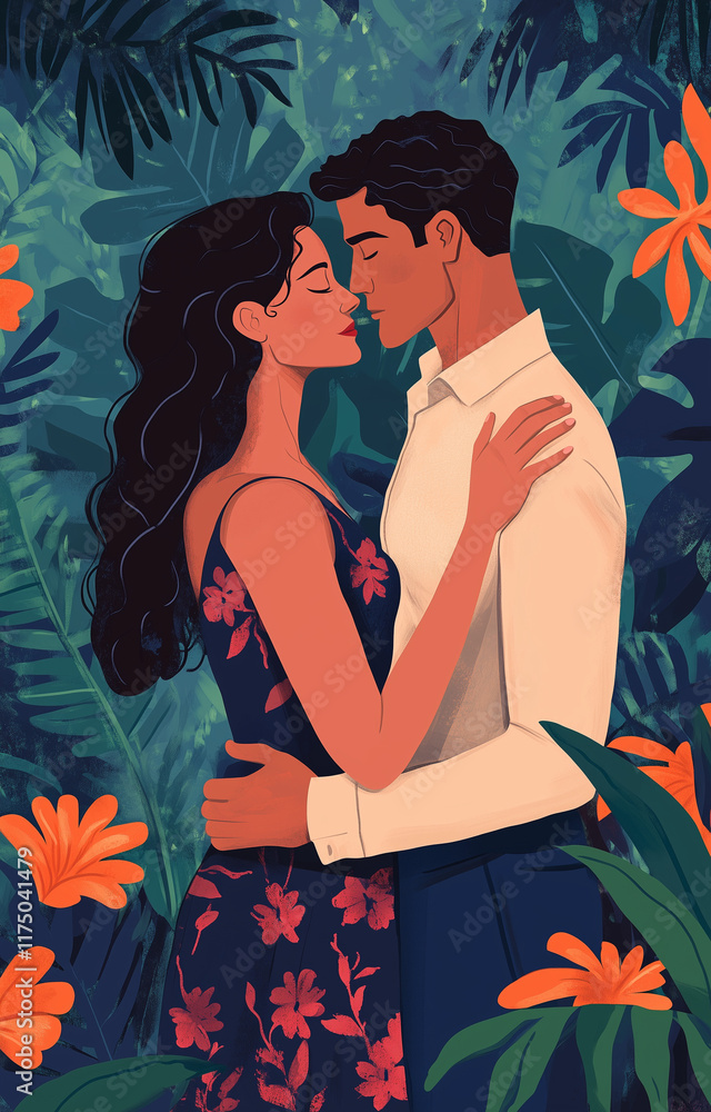 A romantic image of a couple in a beautiful location, flat illustration in pretty colour palette, portrait format ratio 9:14 A romantic image of a couple in a beautiful location, flat illustration in pretty colour palette, portrait format ratio 9:14