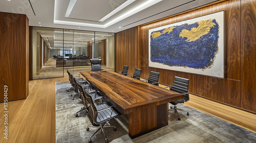 Highend corporate office with a glasswalled conference room a long wooden table and ergonomic leather chairs photo